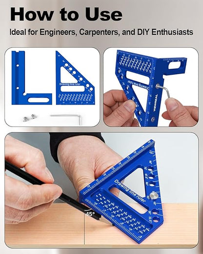 3D Multi-Angle Aluminum Alloy Woodworking Square Ruler, 22.5-90 Degree Protractor, High Precision Miter Triangle Ruler for Engineers, Carpenters, and Craftsmen