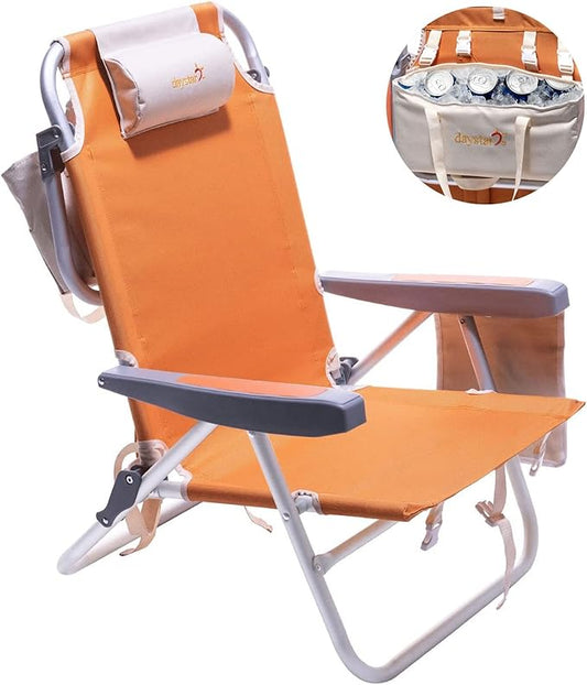 SUNNYFEEL Low Beach Chair 5 Position Lay Flat, Portable Folding Backpack Beach Chairs Heavy Duty with Cooler Bag, Cup Holder for Outdoor/Lawn/Trip/Picnic/Fishing, Foldable Camping Chair
