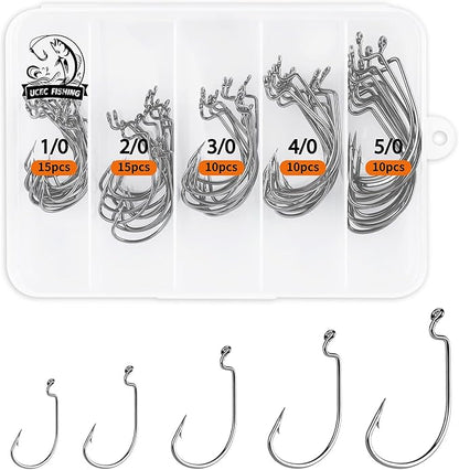 UCEC Fishing Hooks, 140PCS/ 100PCS/ 60PCS EWG Offset Worm Hooks Bass Hooks Wide Gap 2X Strong Senko Bait Texas Rig Jig Fish Hooks for Bass Trout Saltwater Freshwater Size:#4#2#1 1/0 2/0 3/0 4/0 5/0