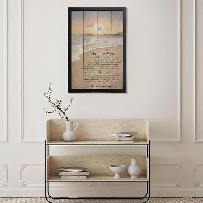 Footprints in the Sand Religious Canvas Wall Art Posters, Inspirational Beach Sunset Poem Print Poster (Black Framed 20x30inch, Footprints(1))