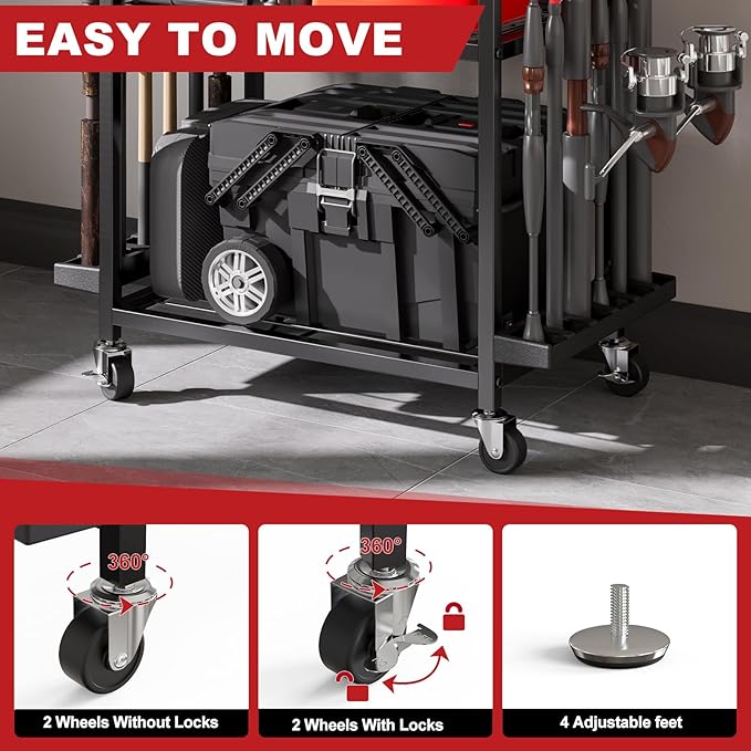 Fishing Rod Holders for Garage, Fishing Rod Storage Rack with Hooks & Wheels, Fishing Pole Holder Organizer, Tackle Box & Reel Storage Black