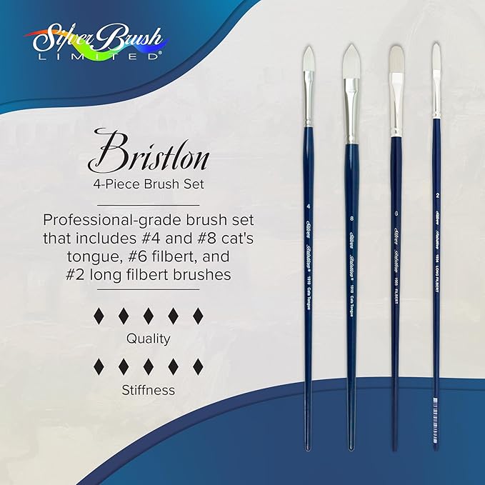 Silver Brush Limited BR-1954 Bristlon Long Handle Cat's Tongue & Filbert Brushes with Stiff White Synthetic Tips, 4pc Professional Painting Set for Acrylic, Oils, Gouache, Watercolor, and All Media