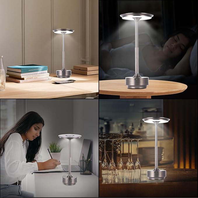 Rechargeable Cordless LED Table Lamps Touch Sensor Light, 3-Levels Portable Dimming Wireless Battery Operated Lamp，Nightstand Lamp/Night Light/Restaurant Table/Outdoor/Coffee/Bar (Grey)