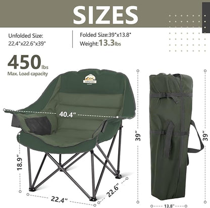 Oversized XL Padded Camping Chair Set of 2 Wide Heavy Duty Lawn Chairs Support 450 LBS Portable Folding Gaint Plus Camp Chair for Outdoor Outside Sports Baseball Soccer-Green