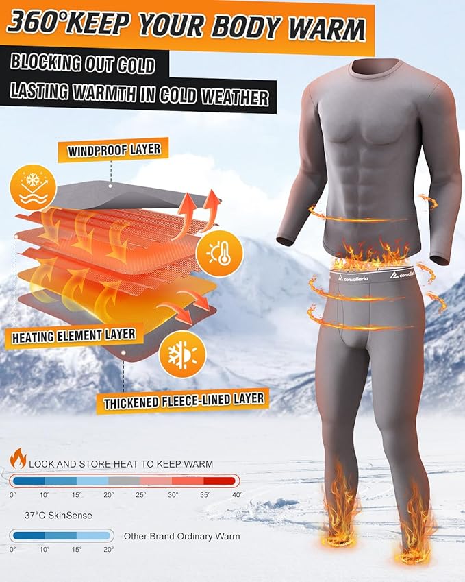 CL convallaria Long Johns Thermal Underwear for Men Soft Fleece Lined Base Layer Cold Weather Top Bottom Gift Set