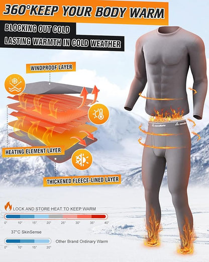 CL convallaria Long Johns Thermal Underwear for Men Soft Fleece Lined Base Layer Cold Weather Top Bottom Gift Set