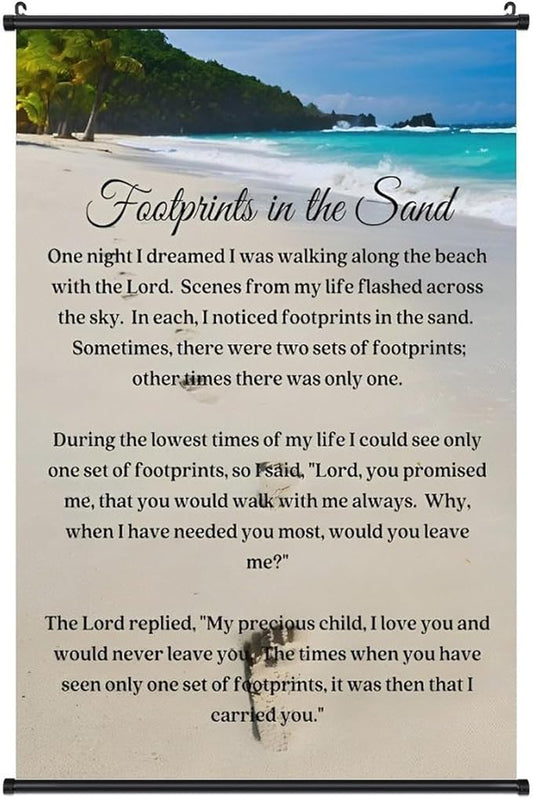 Footprints in the Sand Religious Canvas Wall Art Posters, Inspirational Beach Sunset Poem Print Poster (Black Axis 12x18inch, Footprints(4))