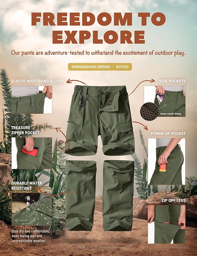 CQR Kids Youth Hiking Cargo Pants, UPF 50+ Quick Dry Convertible Zip Off Pants, Outdoor Camping Pants