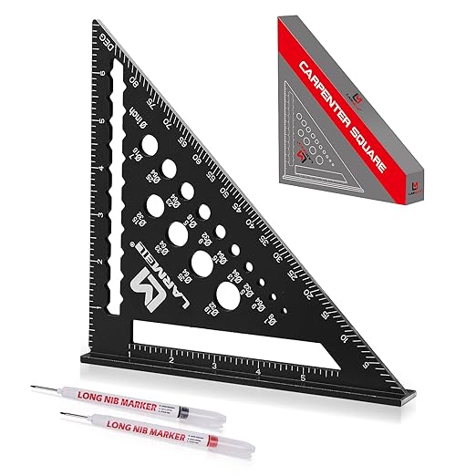 Carpenter Square 7 Inch Rafter Square Tool, Multi-Purpose Farming Carpenter Tools, Woodworking Square Laser Scales Anodized Ruler Body, Aluminum Metal Squares, Black