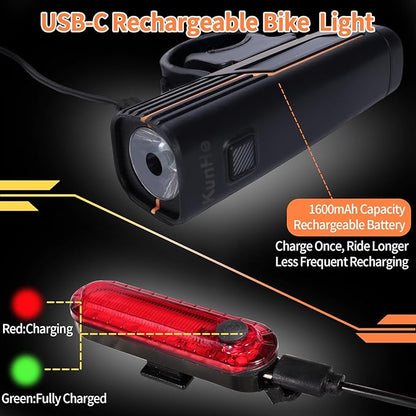 KunHe 227 Lumens 1600mAh Bike Light Set (1or2or4 or 8 Packs) Rechargeable Front & Rear Bicycle Lights with IPX4 Waterproof 4 Modes for Night Cycling