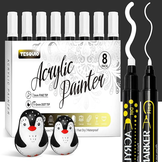 White Paint Pens, 8 Pack Dual Tip Acrylic Paint Markers, Ideal for Wood, Rock Painting, Canvas, Stone, Glass, Ceramic
