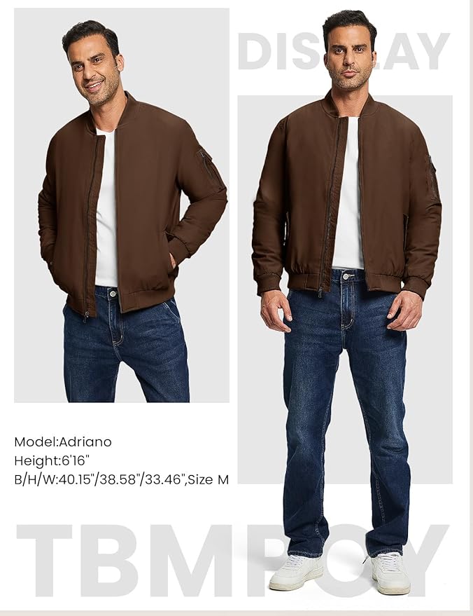 TBMPOY Men's Fall Jacket Winter Windbreaker Bomber Zip Up Padded Softshell Warm Windproof Casual Coat