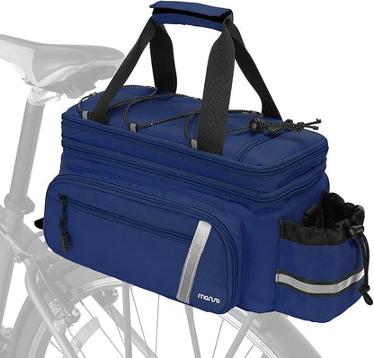 MOSISO Bike Rack Bag with Rain Cover, Bike Trunk Cooler Handag Insulated Bicycle Rear Seat Pouch with 2 Side Foldable Panniers, 8L Cycling Backseat Storage Cargo Saddle Shoulder Bag, Navy Blue