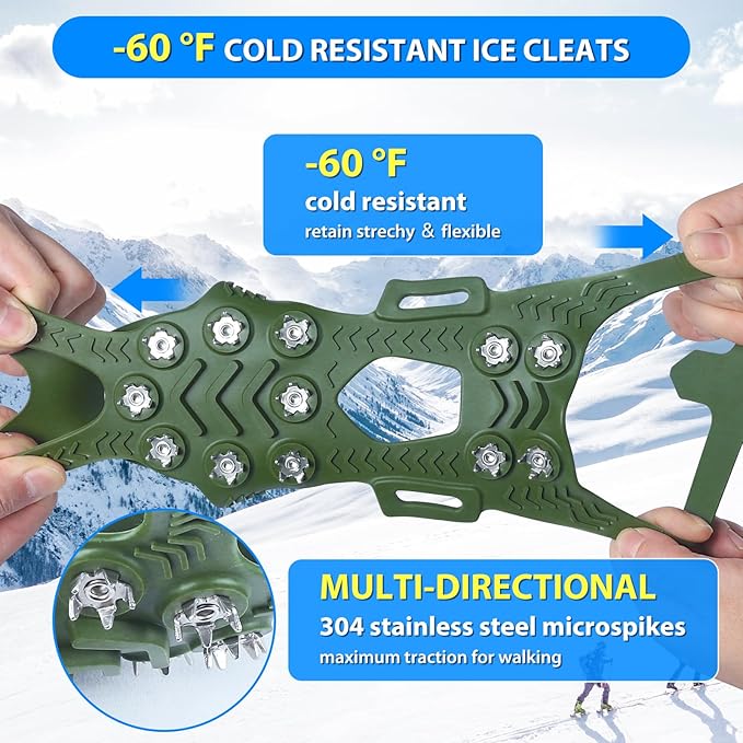 SYOURSELF Ice Cleats, Crampons Ice Cleats for Shoes and Boots Women Men Kids, Non Slip Grippers Spikes for Shoes with Straps, Ice Traction Cleats for Snow and Ice, Hiking, Walking, Fishing, Climbing