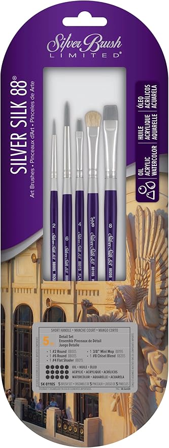 Silver Brush Limited SK-8110S Silver Silk 88 Paint Brush Set, 5-Piece, Short Handle