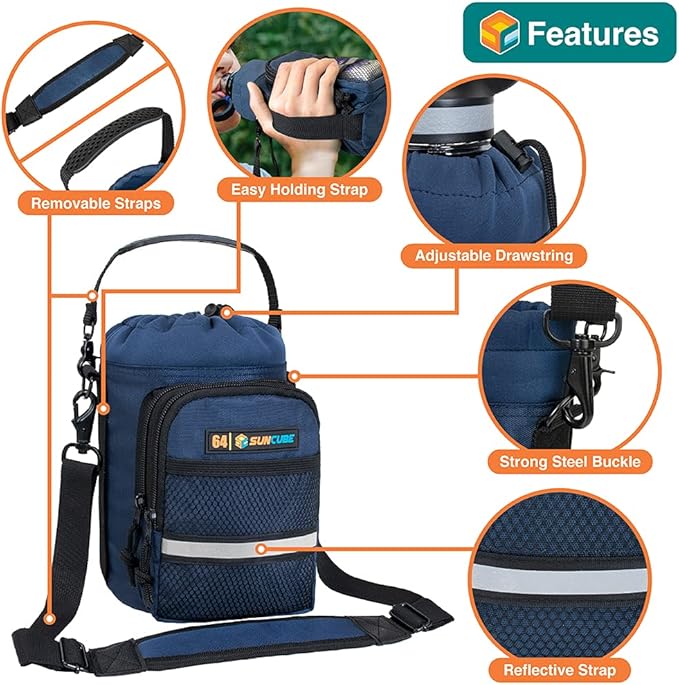 SUN CUBE Water Bottle Carrier with Strap, Insulated Water Bottle Carrier Bag with Phone Pocket Pouch, Sleeve Sling Purse Crossbody Bottle Holder for Walking, Sports, Hiking Accessories 40/64 oz