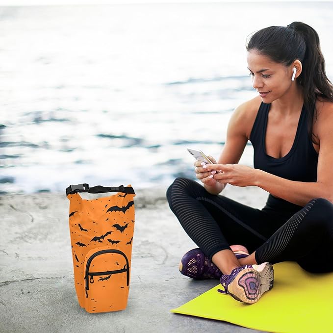 Halloween Black Bats Orange Water Bottle Holder with Strap Insulated Water Bottle Carrier Crossbody Bags Pouch with Phone Pocket for Travel Gym Hiking Walking Running