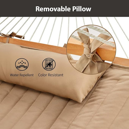 Outdoor Double Hammock with Hardwood Spreader Bars, Large Rope Hammock with Polyester Pad and Pillow, 475 LBS Capacity for 2 Person Patio Backyard Poolside - Tan