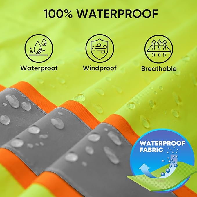 TICONN Reflective Rain Jacket Safety Jacket, Waterproof Hi Vis Rain Coat, Class III High Visibility Coat (Yellow&Black, S)