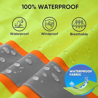 TICONN Reflective Rain Jacket Safety Jacket, Waterproof Hi Vis Rain Coat, Class III High Visibility Coat (Yellow&Black, S)