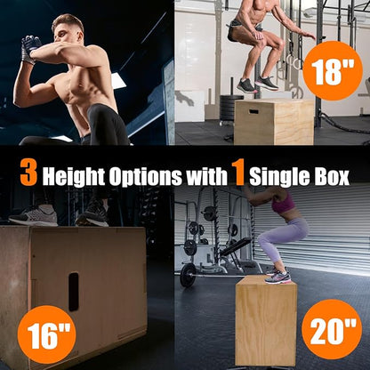 CAELUM 3-in-1 Wood Plyo Box - Non-Slip Plyometric Jump Box for Home & Gym, 400lbs Bearing Fitness Launch Box for Jumping Squats Step-ups Strength Training