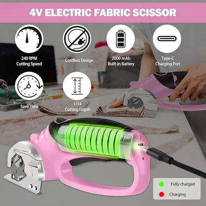 Cordless Electric Scissors, 4V Box Cutter & Cardboard Cutter with 2 Titanium Blades - Rotary Cutter with LED Light for Fabric, Leather, Carpet, Plastic, Crafting + Storage Case (Pink)