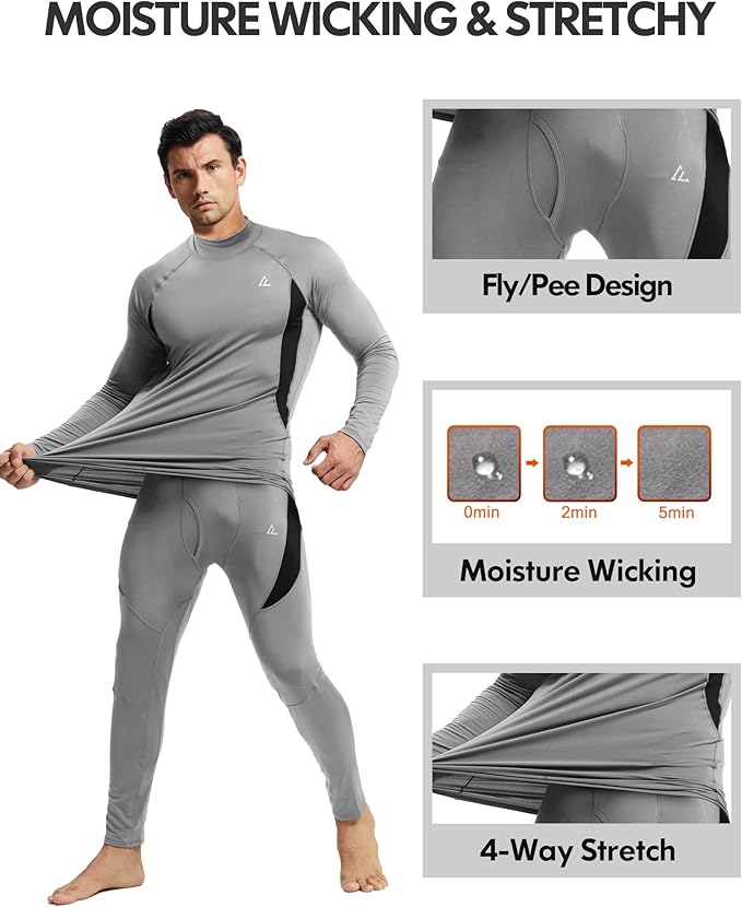 CL convallaria 2 Pack Mens Thermal Underwear Fleece Lined Long Johns Winter Base Layer Cold Weather Hunting Gear