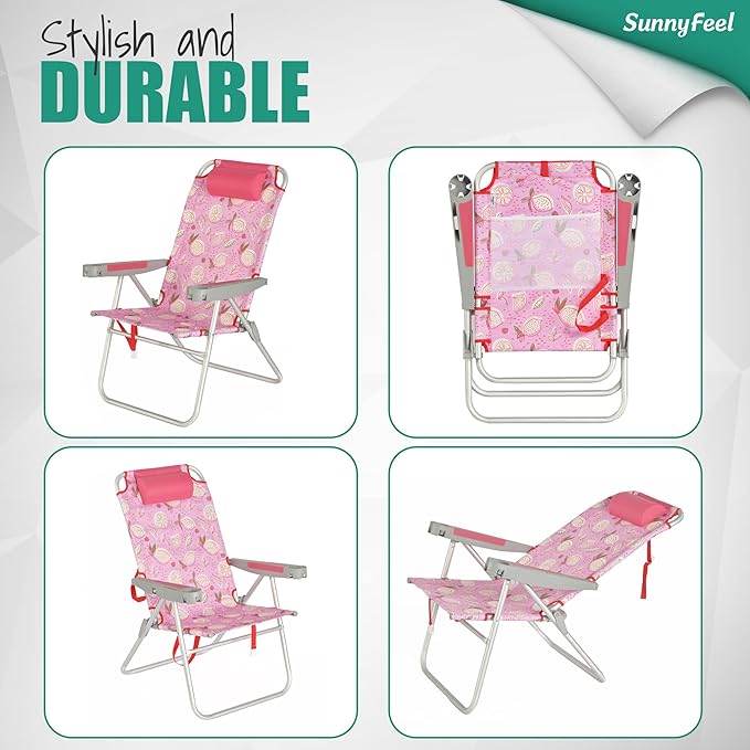 SUNNYFEEL Oversized Tall Folding Beach Chair Lightweight, 17" Portable Sand Chair for Adults Heavy Duty 500 LBS with Cup Holders, Foldable High Camping Lawn Chairs for Camp/Outdoor/Picnic/Sports