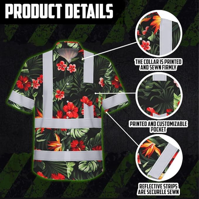 High Visibility Hawaiian Shirt for Men Tropical Shirts Custom Name Floral Outfit Reflective Safety Workwear