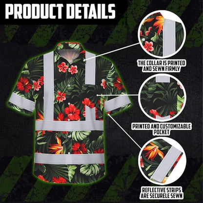 High Visibility Hawaiian Shirt for Men Tropical Shirts Custom Name Floral Outfit Reflective Safety Workwear