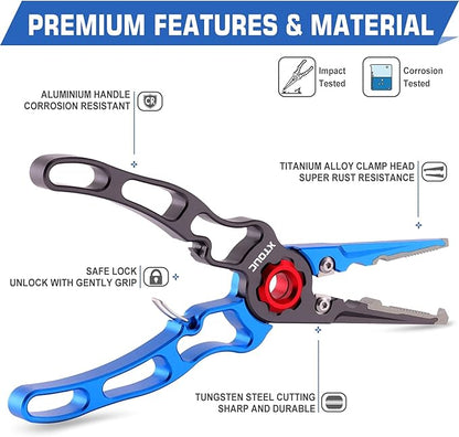 Fishing Pliers, Titanium Alloy Clamp Head Fishing Gear,Saltwater Resistant Fishing Tools, Hook Remover Braid Line Cutting and Split Ring Pliers, with Sheath and Lanyard