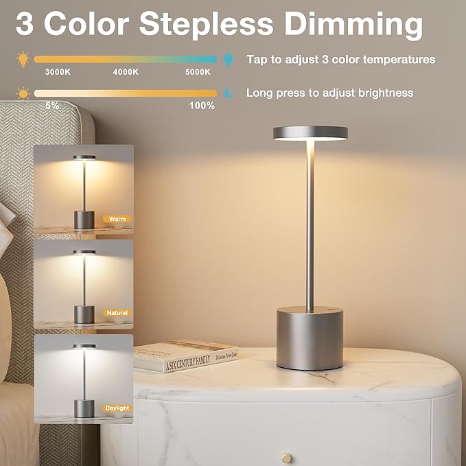 Kakanuo Grey Rechargeable Cordless Lamp - Touch Control, 3 Color Temperature, Wireless Battery Operated Lamps, Stepless Dimmable, Set of 2