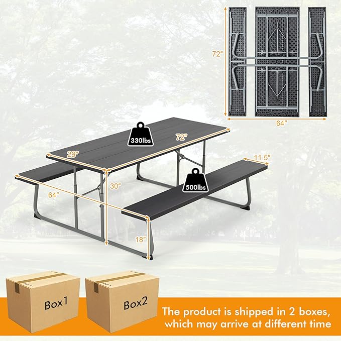 Tangkula 6 Ft Folding Picnic Table, Outdoor 8 Person Large Picnic Table Set with 2 Built-in Benches, Umbrella Hole, Metal Frame & HDPE Tabletop for Garden, Backyard (Black)