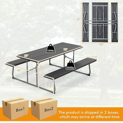 Tangkula 6 Ft Folding Picnic Table, Outdoor 8 Person Large Picnic Table Set with 2 Built-in Benches, Umbrella Hole, Metal Frame & HDPE Tabletop for Garden, Backyard (Black)