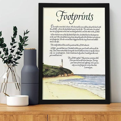 Footprints in the Sand Religious Canvas Wall Art Posters, Inspirational Beach Sunset Poem Print Poster (Black Framed 12x18inch, Footprints(5))