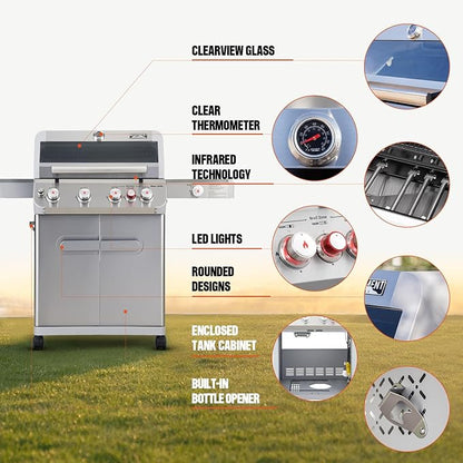 Monument Grills 4+1 Outdoor Barbecue Stainless Steel Propane Gas Grill, 4 Burners & 1 Side Burner 62,000 BTU Patio Garden Barbecue Grill with Knob Controls, Mesa415BZ