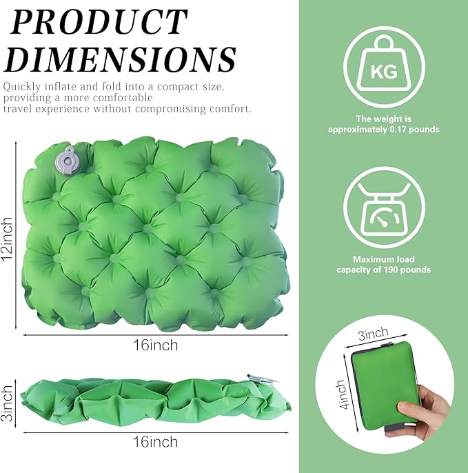 Inflatable seat Cushion-Travel Cushion Lnflatable Portable Air Sitting Pad for Stadium Camping OfficeCan also be used for lumbar and back support Lightweight Waterproof Camp Chair Accessories (Green)