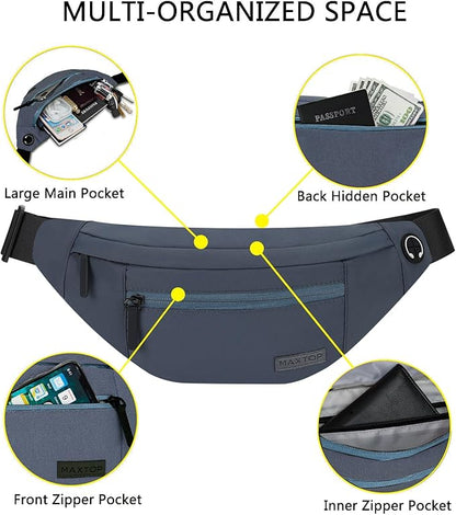 MAXTOP Large Crossbody Fanny Pack with 4-Zipper Pockets,Gifts for Enjoy Sports Festival Workout Traveling Running Casual Hands-Free Wallets Waist Pack Phone Bag Carrying All Phones