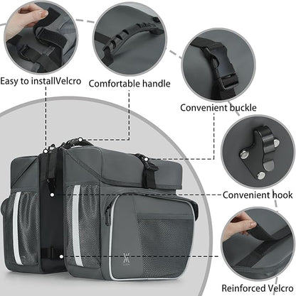 Waterproof Double Panniers Bag - 36L Saddle Bags for Rear Rack Bicycles with Safety Reflective Strips, Bicycle Commuting Pannier Fit Most Bicycle Rack with Rain Cover (With Rain Cover, Grey, 36L)