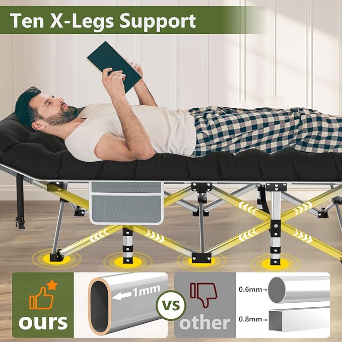 Slendor Folding Camping Cot Black, Sleeping Cot for Adults with Carry Bag, Mattress, 1200D Layer Oxford Portable Camp Bed Cot Bed for Guest Travel Office Beach