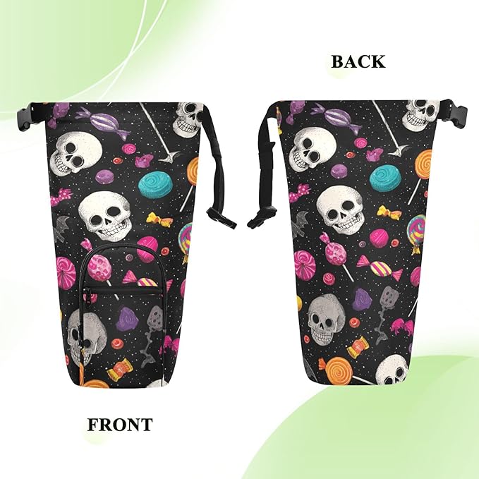 Halloween Skulls Lollipops Bats Water Bottle Holder with Strap Insulated Water Bottle Carrier Crossbody Bags Pouch with Phone Pocket for Travel Gym Hiking Walking Running