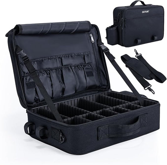 Goture Fishing Tackle Bag with Rod Straps & Removable Dividers, Water-Resistant 600D PVC, Water Bottle Pocket, 3-Layer Reel & Gear Storage Suitcase for Coarse, Black Fishing Bag