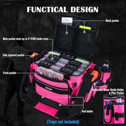Goture Fishing Tackle Bag,Store Up to 4PCS 3700 Tackle Boxes(Not Included),600D Soft Side Water-Resistant Saltwater Gear Storage Fishing Bag with Rod Straps,Detachable Water Bottle Pouch,SBS Zippers