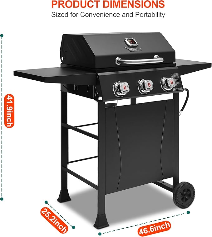 Brand-Man 3-Burner Propane Gas Grill, 27,000 BTU BBQ Grill with Porcelain-Enameled Grates, Built-In Thermometer, Side Shelves, Heavy-Duty Wheels – Outdoor Grill for Patio, Backyard & Garden