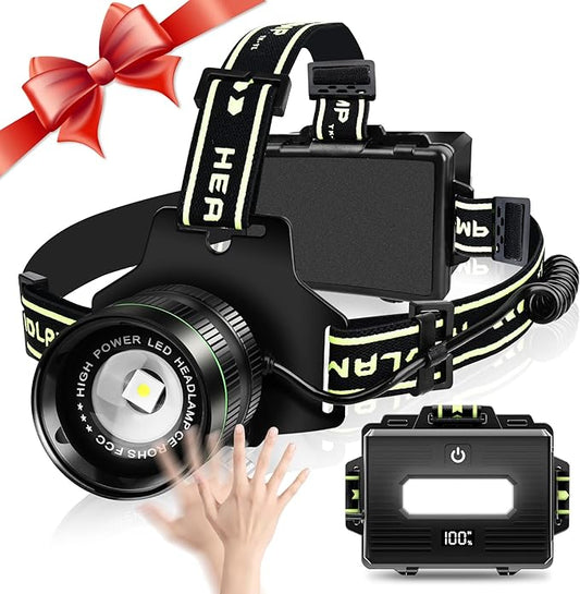 Rechargeable Headlamp, 5000 Lumens LED Super Bright Headlight with Motion Sensor, 5 Modes Zoomable Head Lamp, 180°Adjustable, IPX6 Waterproof for Camping, Running, Climbing, Hiking