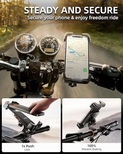 Delobon Motorcycle Phone Mount, Bike Phone Holder, [2025 Upgrade] One Hand Operation Scooter Phone Holder, ATV Phone Mount, for iPhone,Bicycle Handlebar Accessories for 4.7-7.0 inch Smartphones