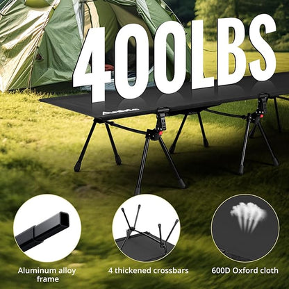 Ultralight Camping Cot with Storage Net & Bag, Height Adjustable Support up to 400lbs, Comfortable Portable Cots for Adult Folding Bed for Camping, Hiking, Travel, Truck, Beach, Office, Black