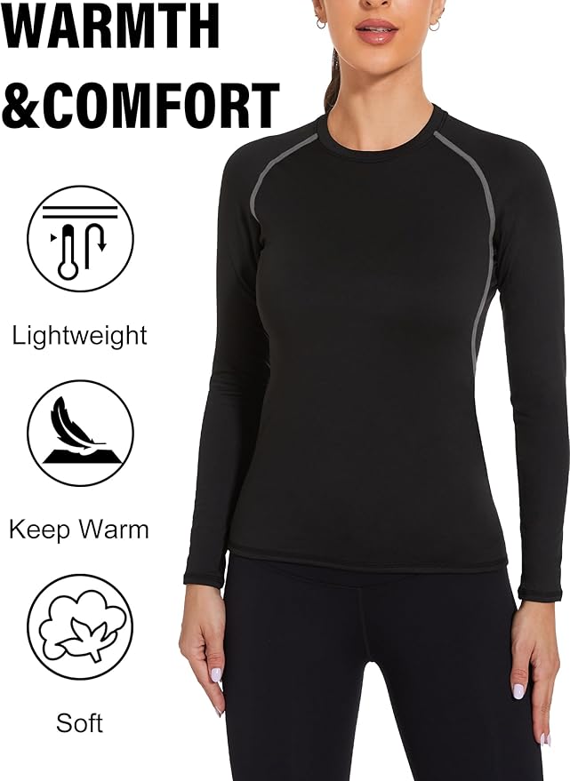 Womens Thermal Compression Long Sleeve Shirts Fleece Lined Tops Crew Neck Slim Fit Base Layer Ladies Underwear
