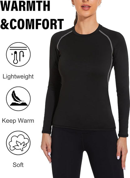 Womens Thermal Compression Long Sleeve Shirts Fleece Lined Tops Crew Neck Slim Fit Base Layer Ladies Underwear