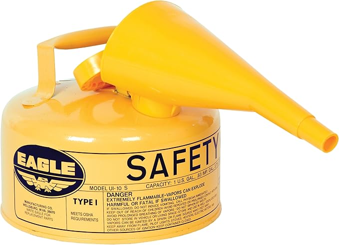 Eagle 1 Gallon Type I Yellow Safety Gas Can for Diesel with Flame Arrester, Self-Closing Lid, and F-15 Funnel, Made in the USA, Galvanized Steel Flammable Storage Can, UI10FSY